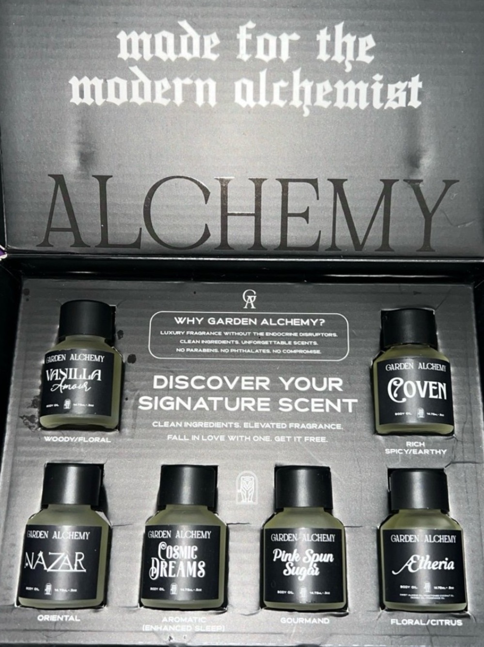 NIB GARDEN ALCHEMY DISCOVERY SET OF LUXURY BODY OILS//6 HALF OUNCE BOTTLES
